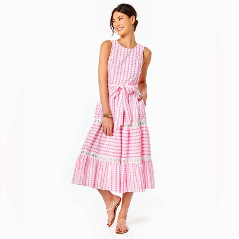 Lilly Pulitzer Maybella Tiered Midi Dress in Pink Isle Gingham Stripe Jacquard